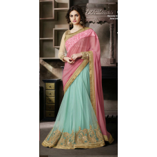 Sizzling Blue Colored Embroidered Chiffon Net Lehenga Saree